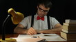 Serious nerd man writing in home office at night