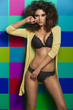 Sexy shapely cutie with collage of colors in the background