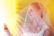 bride sunlight woman blonde with a lowered veil stands and