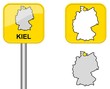 Kiel - Ortsschild, Button und Deutschlandkarte