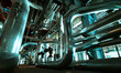 Industrial zone, Steel pipelines and cables in blue tones