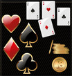 Set of shiny card suit icons and golden poker chips