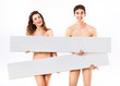 Laughing nude couple  with empty adverts
