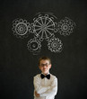 Thinking boy dressed as businessman chalk gear cogs