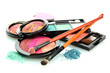 bright eye shadows and rouge with brushes, isolated on white