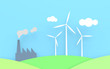 Three wind turbines. Factory emitting smoke and CO2.
