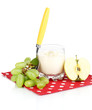 Delicious yogurt in glass with fruit isolated on white