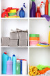 Shelves in pantry with  cleaners for home close-up