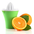 Citrus press and ripe oranges, isolated on white