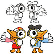 Duck Chef mascot examine a with a magnifying glass. Bird Charact
