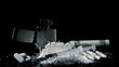 Video: Syringe falling on pile of white drug with syringe rolled up dollar and tablets Syringe falling on pile of white drug with syringe rolled up dollar and tablets