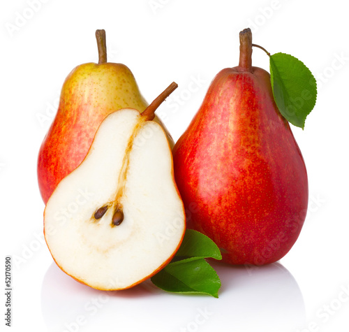 Photo: Ripe red pear fruits with green leaves isolated Ripe red pear fruits with green leaves isolated