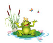 Frosch mit Krone, Seerosen, Schilf und Schmetterlinge