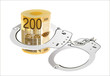 Many 200 euro bills with handcuffs. isolated on white