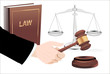 Gavel in hand, scales of justice and law book isolated on white