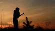 Father and son planting a tree. Sunrise. Silhouette. Spring.