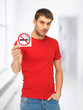 man in red shirt with no smoking sign