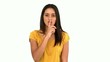 Woman asking for silence on white background