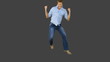 Man jumping to show his triumph on grey screen