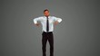 Businessman wearing swimming goggles jumping on background