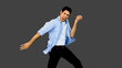 Man playing air guitar on grey background