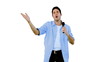 Man singing into microphone on white background