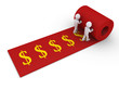 Two people unroll carpet of dollar symbols