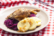 duck meat with potato dumlings and red cabbage