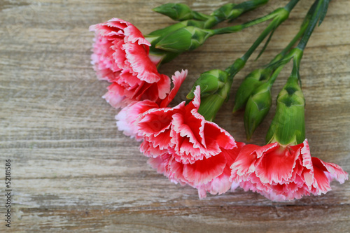 Photo: Red and white carnations on wooden background with copy space Red and white carnations on wooden background with copy space