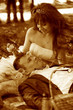retro sepia photo Russia couple bride and groom communicate sitt