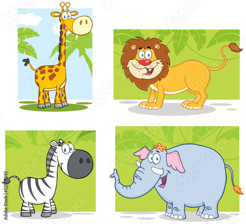 Vector: Jungle Animals Cartoon Characters With Background. Collection Jungle Animals Cartoon Characters With Background. Collection