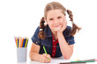 Photo: Cute child draw with colorful crayons and smile, isolated over w Cute child draw with colorful crayons and smile, isolated over w