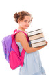 Image of schoolgirl with backpack carring books, isolated on whi