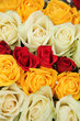 Yellow, white and red roses in a wedding arrangement