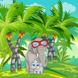 Child illustration of the jungle with a family of elephants.