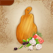 Vector: Background with a wooden board and fresh vegetables. Background with a wooden board and fresh vegetables.