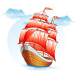 Cartoon images of a sailboat with red sails.