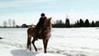 girl cowboy sitting on a horse in winter