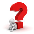 3D Man sitting with red question mark over white background