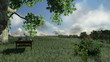 Office on green meadow, countryside scenery