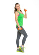 Full length portrait of happy fitness young woman with dumbbells