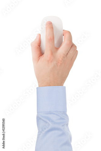 Photo: Man's hand in a shirt on a modern wireless glass touch mouse. Man's hand in a shirt on a modern wireless glass touch mouse.