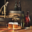beer still life on the table with old  beer kegs tap