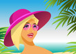 woman in hat and sunglasses on the beach