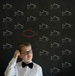 Thinking boy with independent Jesus, God, Christianity fish