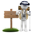 3D white people. Hiker with wooden sign