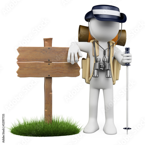 Illustration: 3D white people. Hiker with wooden sign 3D white people. Hiker with wooden sign