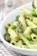 Italian pasta with asparagus and green peas sauce
