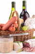 wine, sausage, and pate