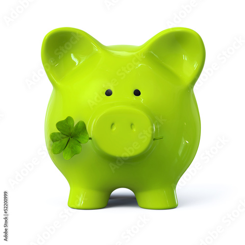 Illustration: Green piggy bank with four leaf clover Green piggy bank with four leaf clover